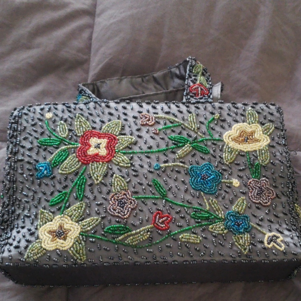 Mary McFadden hand beaded floral handbag